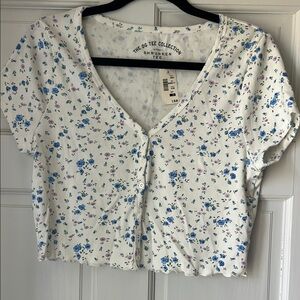 Aeropostale White and Blue Puff Sleeve Crop Top